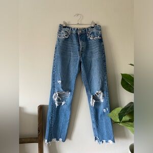 Free People Blue High Waisted Bohemian Distressed Straight Leg Jeans size 25